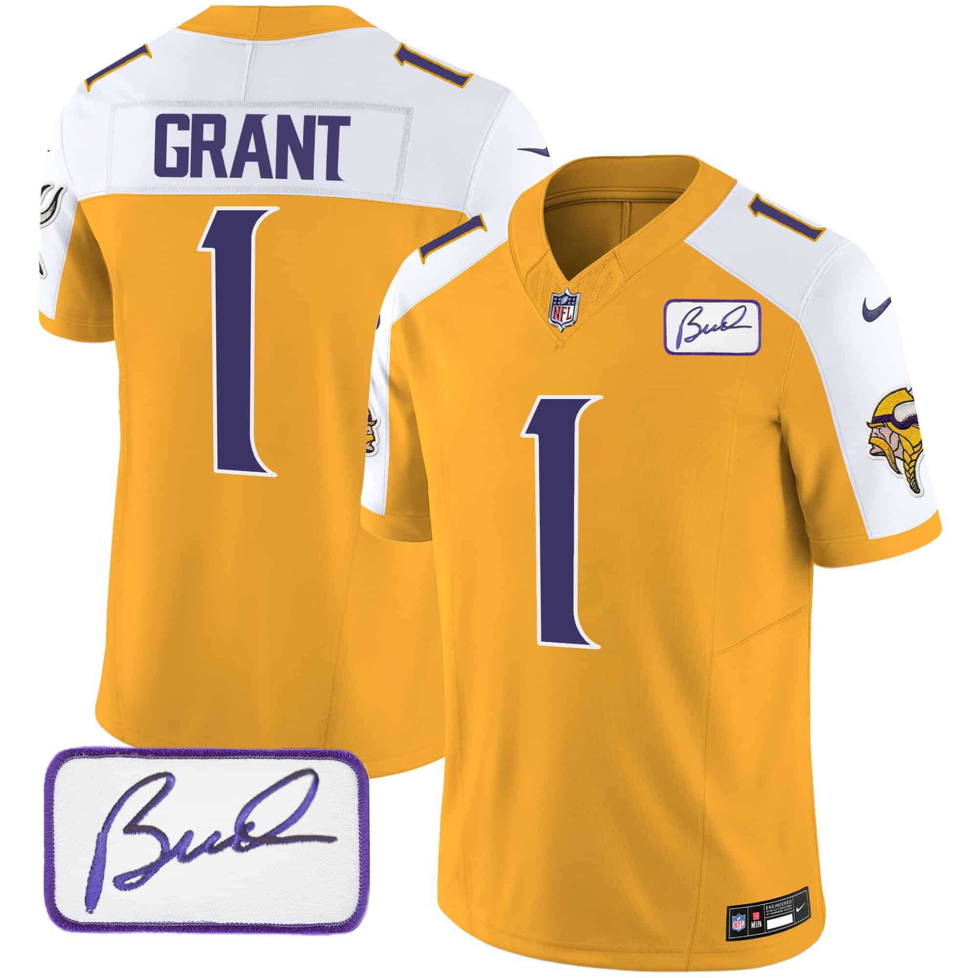Men Minnesota Vikings #1 Grant Yellow 2024 Nike Bud Grant Patch Classic Limited NFL Jersey style 1->indianapolis colts->NFL Jersey